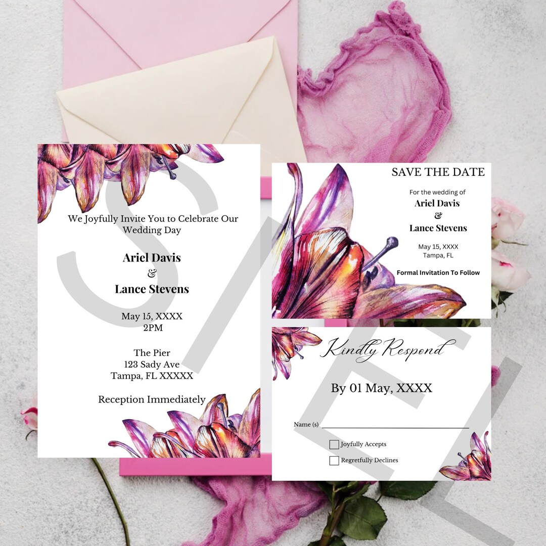 Spring Lilies Wedding Invitation Bundle Editable Wedding Etsy