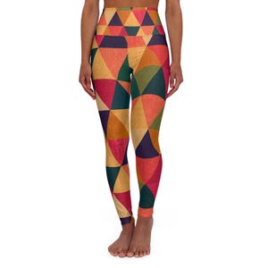 Boho Geometric Triangle High Waisted Leggings Multicolor Patchwork Exercise Gym Athlete Yoga