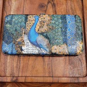 Handmade Peacock Feather Wallet Clutch: Decoupage Hinged Vintage