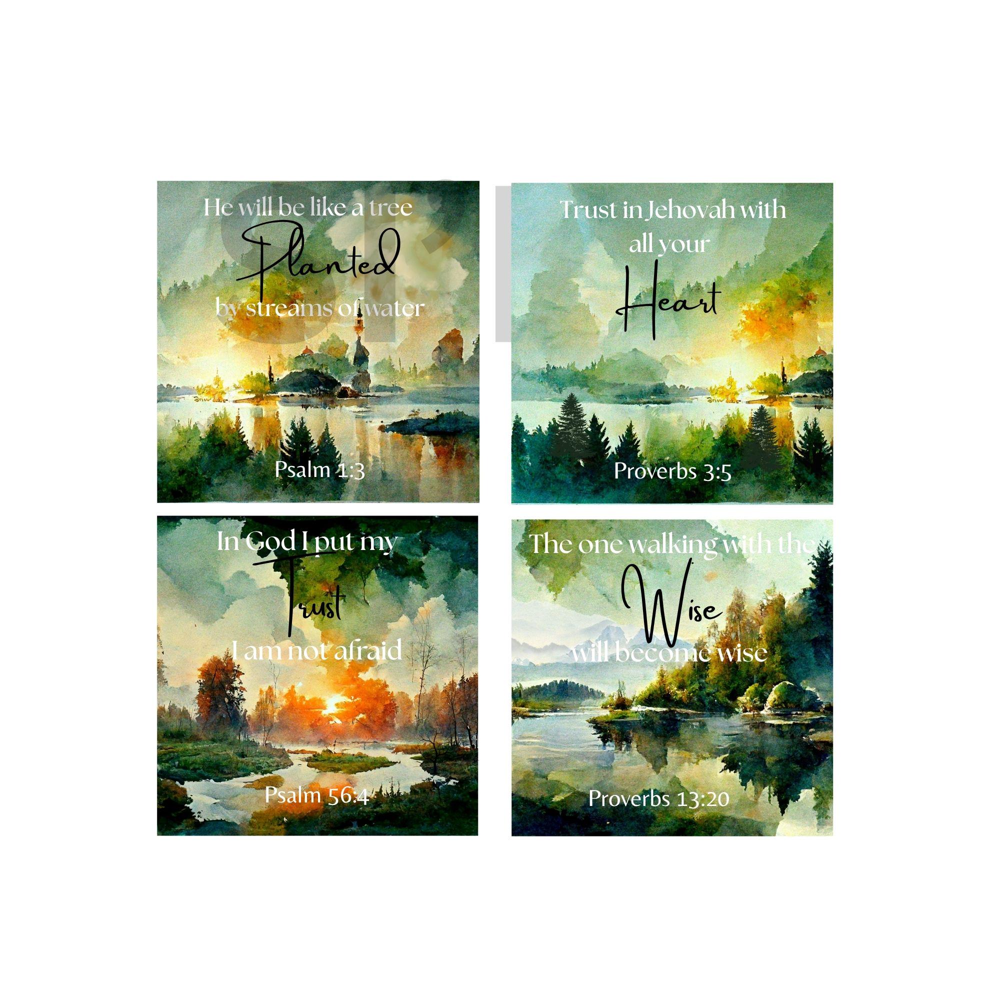 Scripture Cascade Bible Verse Coaster Set Forest Landscape Scripture Art Digital ...