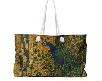 Artistic Peacock Weekender Bag Gustav Klimt Inspired Boho Animal Feather Gold Travel Tote