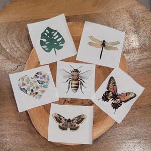 May include: A selection of small, square fabric patches featuring insect and plant illustrations. The patches display a green leaf, a dragonfly, a bee, a heart filled with butterflies, and two butterfly designs. They are arranged on a wooden surface.