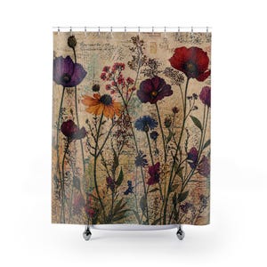 Abstract Wildflowers Shower Curtain Mixed Media Boho Botanicals Vintage Floral Script Bathroom Decor