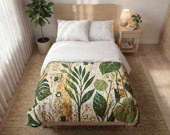 Trapunta con piante botaniche, ispirata a Gustav, decorazioni per la casa in stile boho, natura, foglie verdi, biancheria da letto dorata.