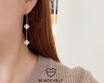 Kpop Style Earrings, Kpop Flowers Pearly Petals, Korean Piercing Pushback, Extra Long Dangle Earrings, Korean Style Jewelry, Made in Korea