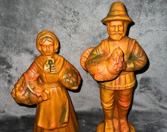 Vintage Thanksgiving Pilgrim Figurines Bisque Ceramic 1989 Fall Decor
