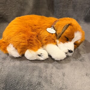 May include: A plush toy dog in a sleeping position. The dog has orange and white fur, with brown accents on the ears and around the eyes. It has a small, black nose and a tag around its neck. The toy is lying on a gray surface.