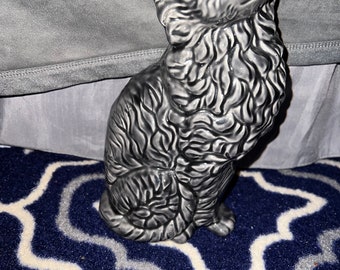 Ceramic Cat Figurine Gray Kitty Green Eyes 11