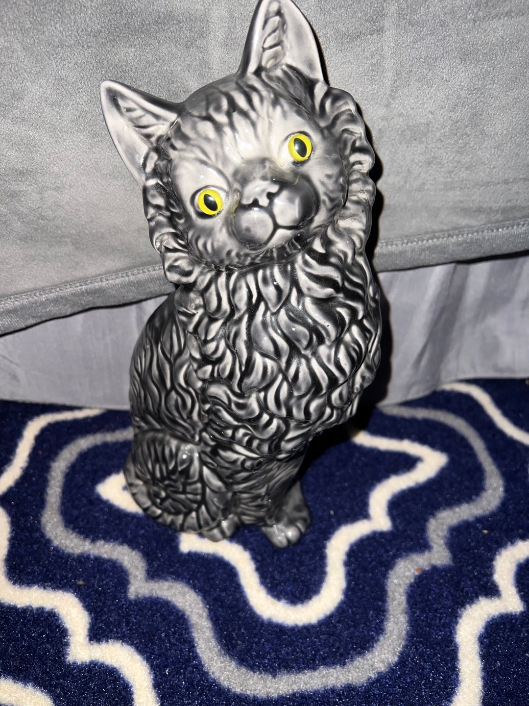 Ceramic Cat Figurine Gray Kitty Green Eyes 11