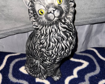 Ceramic Cat Figurine Gray Kitty Green Eyes 11