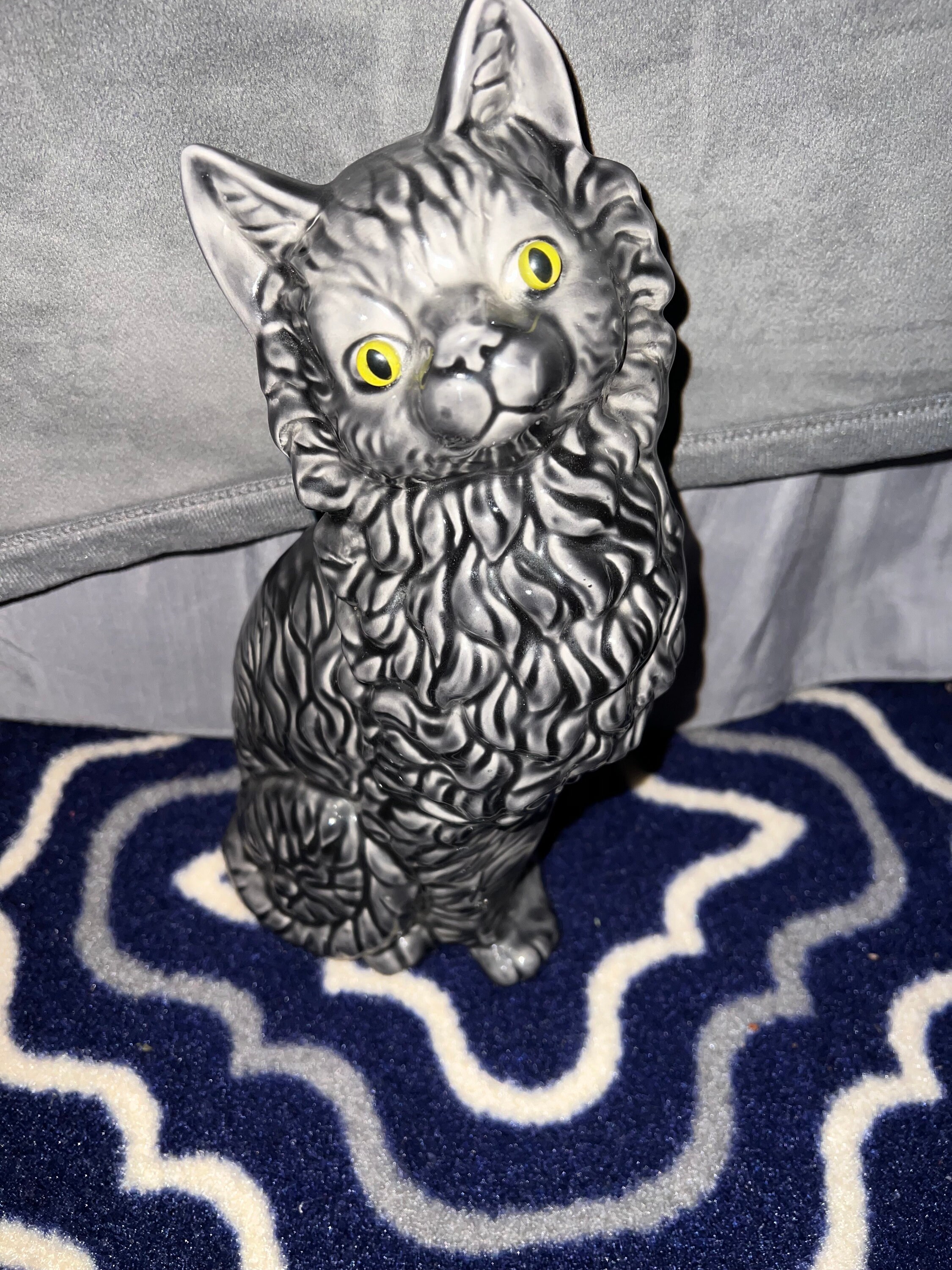 Ceramic Cat Figurine Gray Kitty Green Eyes 11