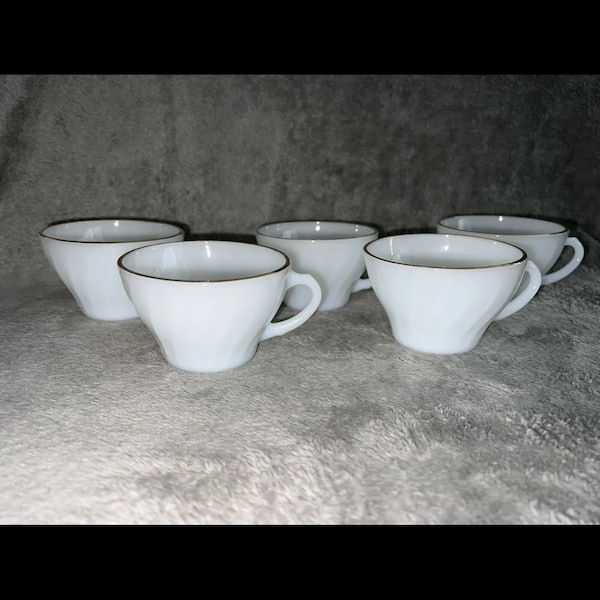 Vtg Set Of 5 Anchor Hocking Suburbia White Swirl Milk Glass Gold Rim Coffee Cup