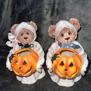 Vintage pair Of Teddy Bear Ghost Pumpkin Lamp Halloween Decoration About 8” Tall