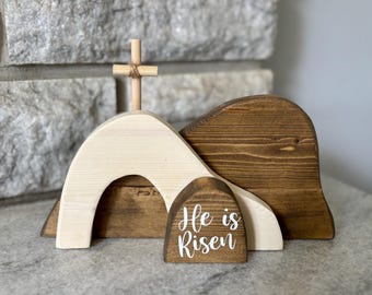 Handmade Wooden Easter Tomb: "He is Risen" Nativity Scene