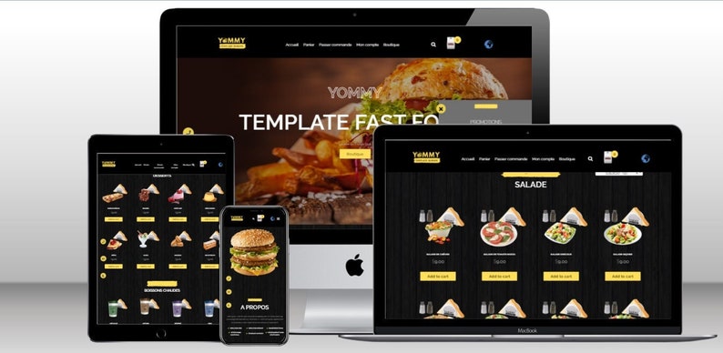 May include: A website for a fast food restaurant called "Yummy" is displayed on a desktop computer, tablet, and smartphone. The website features a black background with yellow accents and images of food items. The website includes a menu with options for burgers, salads, and drinks. The website also includes a section for "A Propos" which is French for "About Us".