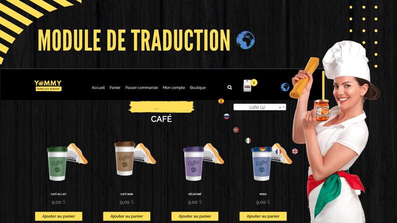 May include: A website for ordering coffee drinks. The website is in French and has a translation module. The website shows four different coffee drinks: cafe au lait, cafe noir, decaf, and mocha. Each drink is $9.00.