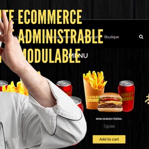 May include: A website for an online food ordering service. The website features a black background with yellow text that reads "NTE ECOMMERCE ADMINISTRABLE MODULABLE MENU". The website also features images of burgers, fries, and sodas. The text "MENU BURGER FEDERAL $9.00 Add to cart" and "MENU YOMMY XL $15.00 Add to cart" is displayed below the images.