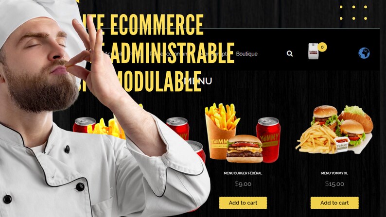 May include: A website for an online food ordering service. The website features a black background with yellow text that reads "NTE ECOMMERCE ADMINISTRABLE MODULABLE MENU". The website also features images of burgers, fries, and sodas. The text "MENU BURGER FEDERAL $9.00 Add to cart" and "MENU YOMMY XL $15.00 Add to cart" is displayed below the images.