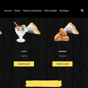 May include: A website homepage for a bakery or dessert shop called "Yummy". The website features images of various desserts, including crepes, ice cream, macarons, and mille-feuille. Each dessert is displayed with a price of $9.00 and an "Add to cart" button.