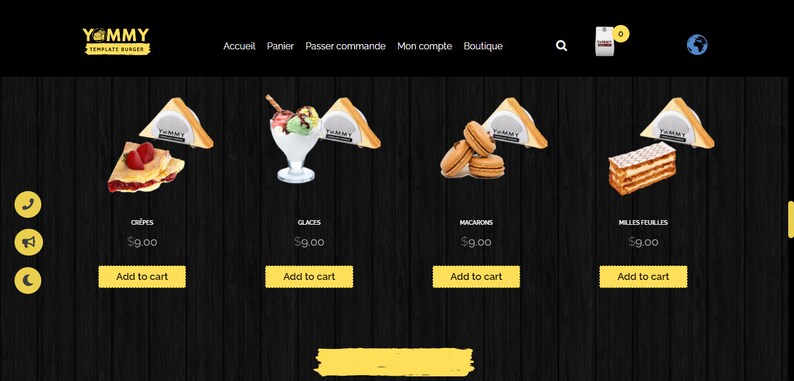 May include: A website homepage for a bakery or dessert shop called "Yummy". The website features images of various desserts, including crepes, ice cream, macarons, and mille-feuille. Each dessert is displayed with a price of $9.00 and an "Add to cart" button.