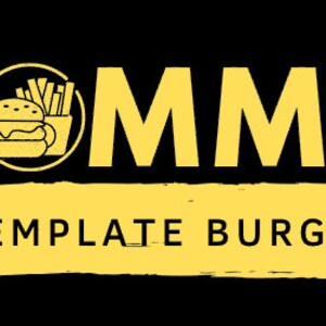 May include: A yellow logo with the word "YUMMY" in bold, large letters. Below the word "YUMMY" is a yellow rectangle with the text "TEMPLATE BURGER" in black letters. The word "YUMMY" is centered above the rectangle. A circle with a black outline and a yellow fill is to the left of the word "YUMMY". Inside the circle is a black and white illustration of a hamburger with french fries.