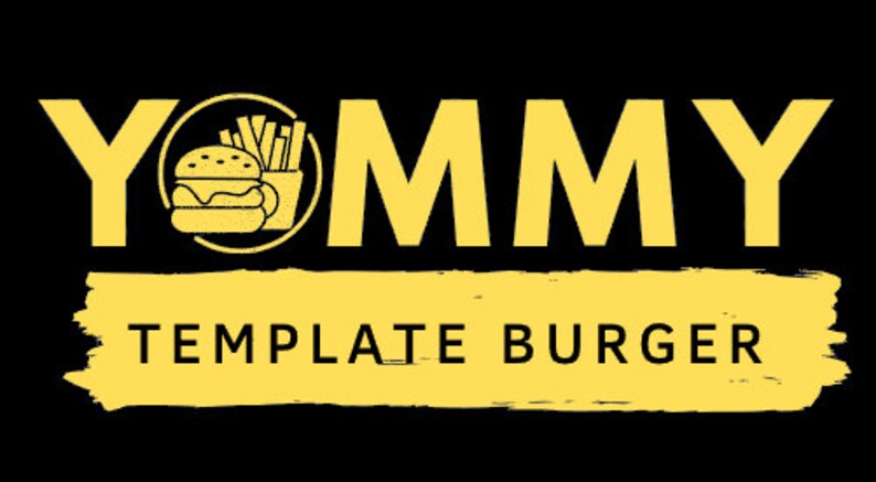 May include: A yellow logo with the word "YUMMY" in bold, large letters. Below the word "YUMMY" is a yellow rectangle with the text "TEMPLATE BURGER" in black letters. The word "YUMMY" is centered above the rectangle. A circle with a black outline and a yellow fill is to the left of the word "YUMMY". Inside the circle is a black and white illustration of a hamburger with french fries.