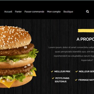 May include: A triple-decker hamburger with lettuce, tomato, and cheese on a sesame seed bun. The burger is on a black wooden background. The text "A PROPOS" is in yellow at the top of the image. The text below reads "Lorem ipsum dolor sit amet consectetur adipisicing elit. Est, veniam error fugit quasi perspiciatis blanditis quo, sint beatae ut, commodi fuga illo reprehenderit ea voluptatibus earum fugiat obcaecati doloremque? Aspernatur?" and includes a list of bullet points with check marks: "MEILLEUR PRIX", "MEILLEUR SERVICE", "INGREDIENT FRAIS", "PETITS PAINS SOUTENUS", "FROMAGE NATUREL", "V&Eacute;G&Eacute;TARIEN ET NON V&Eacute;G&Eacute;TARIEN".