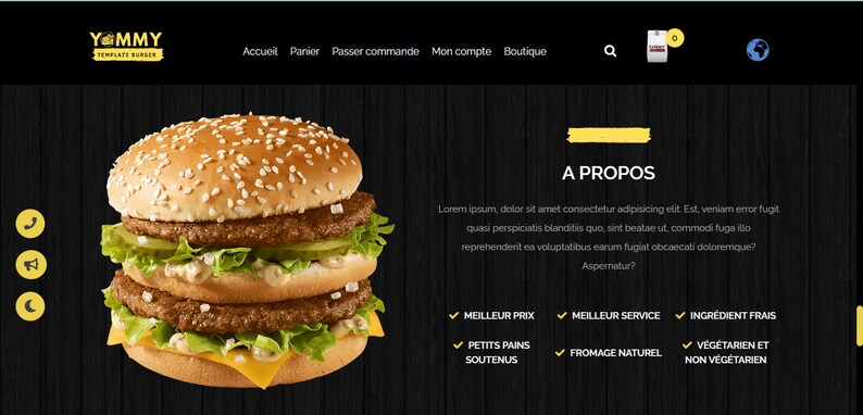 May include: A triple-decker hamburger with lettuce, tomato, and cheese on a sesame seed bun. The burger is on a black wooden background. The text "A PROPOS" is in yellow at the top of the image. The text below reads "Lorem ipsum dolor sit amet consectetur adipisicing elit. Est, veniam error fugit quasi perspiciatis blanditis quo, sint beatae ut, commodi fuga illo reprehenderit ea voluptatibus earum fugiat obcaecati doloremque? Aspernatur?" and includes a list of bullet points with check marks: "MEILLEUR PRIX", "MEILLEUR SERVICE", "INGREDIENT FRAIS", "PETITS PAINS SOUTENUS", "FROMAGE NATUREL", "V&Eacute;G&Eacute;TARIEN ET NON V&Eacute;G&Eacute;TARIEN".