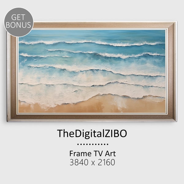 Samsung Frame TV Art Summer Abstract Ocean Waves Seascape, Beach Painting, Blue Cool Tone Sea Painting Digital Download V5
