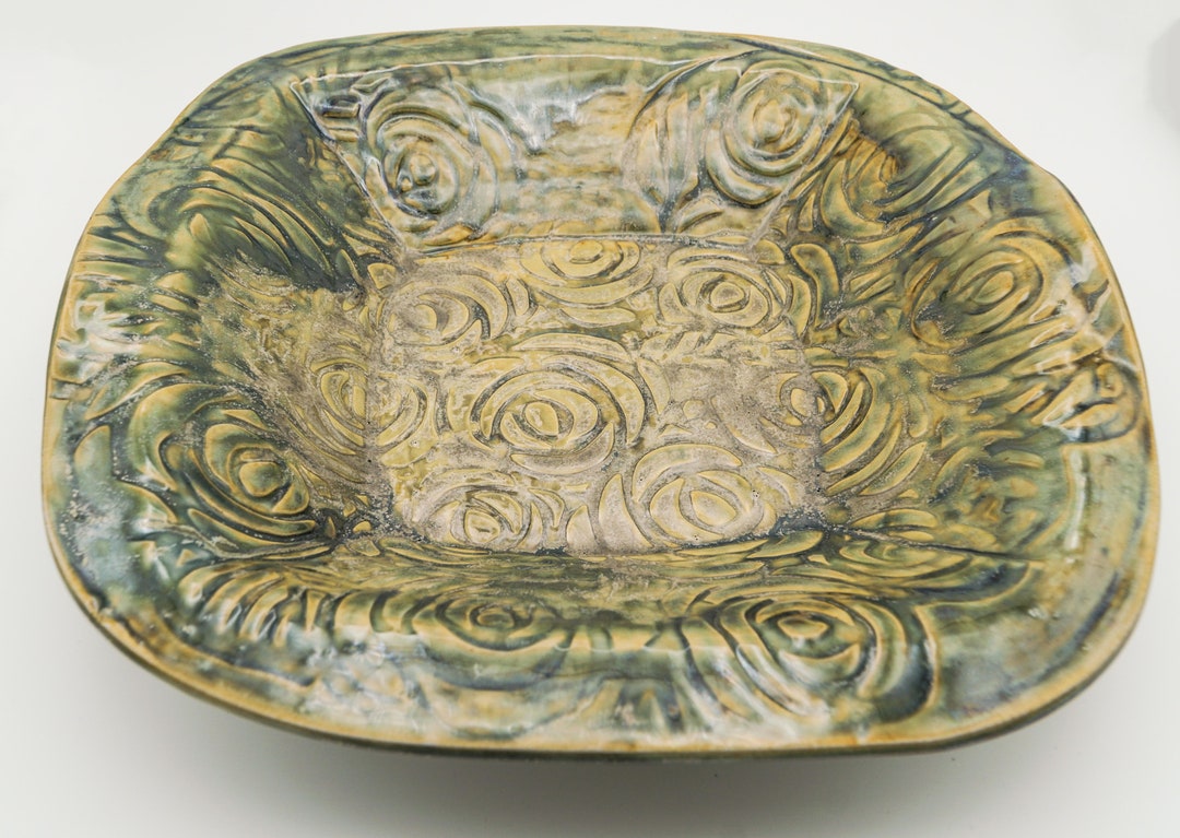 Large Green Ceramic Mixing Bowl, Rose Floral Design, Textured Serving Bowl, High Fired Stoneware