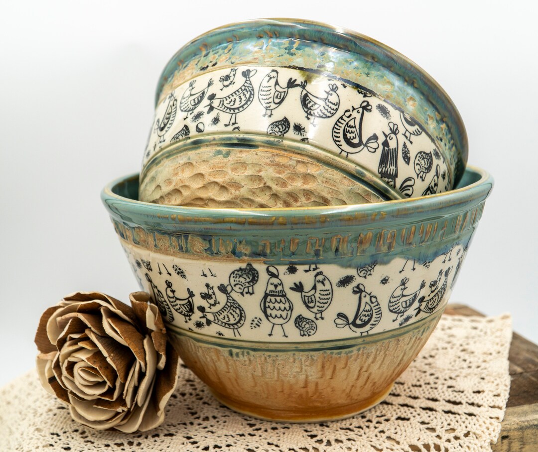 Ceramic Nesting Mixing Bowls Chicken Pottery Chicken Gifts Etsy