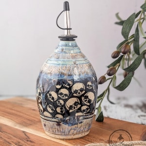 Skull Decor, Ceramic Oil Bottle, Vinegar Cruet, Whimsigoth, Olive Oil Dispenser, Cooking Accessories