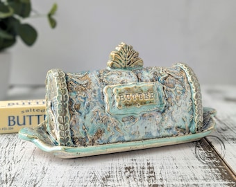 Dinosaur Skeleton Butter Dish with Lid, Handmade Butterdish, Ceramic Serveware, Jurassic Dinosaur