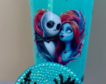 Sally & Jack Skellington inspired Glow-in-the-dark Snow Globe Tumbler