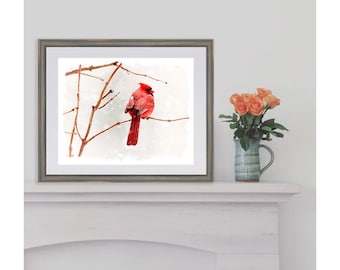 Watercolor Red Cardinal Print, Bird Art Print, Red Cardinal Art Print, Printable Cardinal Bird Painting Print, Digital Red Bird Art Print