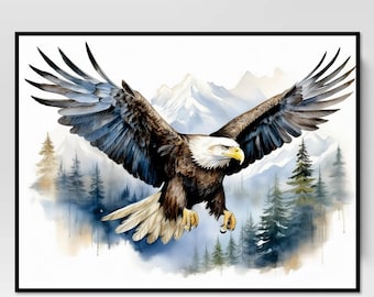 Watercolor Bald Eagle, Eagle and Mountain Landscape, Printable Wall Art, American Eagle, Nature Painting, Eagle Painting, Home Decor, Nature