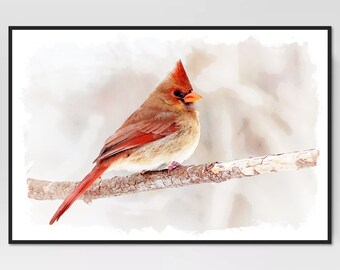 Watercolor Red Cardinal Bird Art Print, Bird Art Download, Printable Red Cardinal Wall Art Print, Digital Bird Wall Art, Farmhouse Wall Art