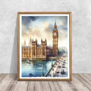 Big Ben Watercolor, Elizabeth Tower Painting, London Watercolor Painting, Printable Big Ben Poster, United Kingdom Wall Art, Travel Print