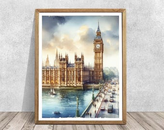 ロンドンアート 水彩画 都市風景画 ビッグベン 時計塔 アート ロンドン