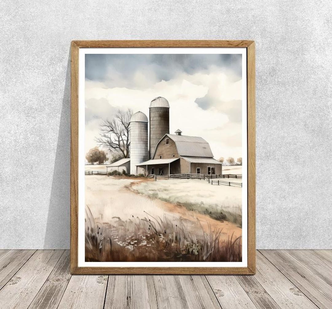 Watercolor Farmhouse Barn Print, Rustic Landscape Wall Art (digital ...