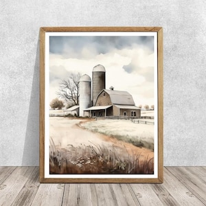 Watercolor Farmhouse Barn Wall Art, Digital Farmhouse Print, Printable Barn Country Landscape Wall Art, Rustic Barn Print, Kitchen Wall Art