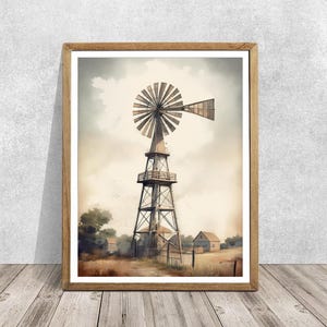 Windmill Watercolor Print, Farmhouse Wall Art, Rustic Old Farm Decor, Barn Style Wall Decor, Farmhouse Wall Art, Printable Windmill, Gifts