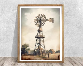 Windmill Watercolor Print, Farmhouse Wall Art, Rustic Old Farm Decor, Barn Style Wall Decor, Farmhouse Wall Art, Printable Windmill, Gifts