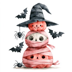 May include: A watercolor illustration featuring a stack of three Halloween-themed figures. The top is a pink pumpkin wearing a black witch hat. The middle is a skull wrapped in pink bandages. The bottom is a pink pumpkin wrapped in bandages, with black bats and spiders.