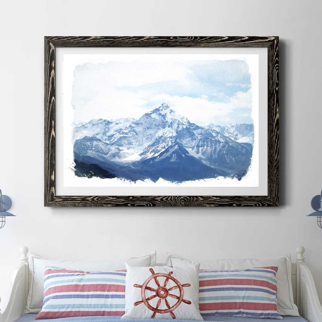 Watercolor Mountain, Blue Mountain Wall Art, Nature Art Print, Mountain