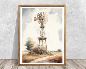 Windmill Watercolor, Farmhouse Decor, Barn, Rustic, Countryside Painting, Christmas Gifts, Home Decor, Wall Art, Beige, Printable Wall Art