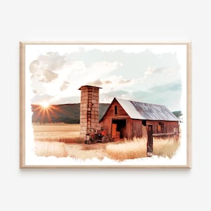 Watercolor Farmhouse Barn Wall Art, Digital Farmhouse Print, Printable Barn Country Landscape Wall Art, Rustic Barn Print, Kitchen Wall Art