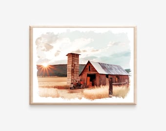 Watercolor Farmhouse Barn Wall Art, Digital Farmhouse Print, Printable Barn Country Landscape Wall Art, Rustic Barn Print, Kitchen Wall Art
