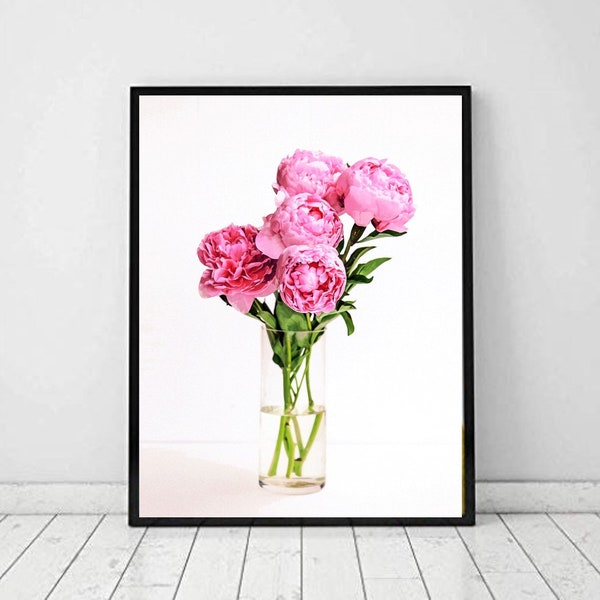 Watercolor Pink Flower Art Print, Flower Print Wall Art, Digital Art Download, Pink Peony Flower, Pink Decor, Digital Flower Vase Printable