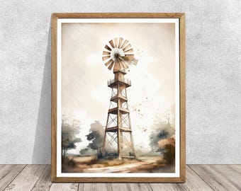 Windmill Watercolor Painting, Home Decor, Rustic Barn Decor, Farmhouse, Christmas Gifts, Gift Ideas, Wall Art, Countryside Painting, Beige